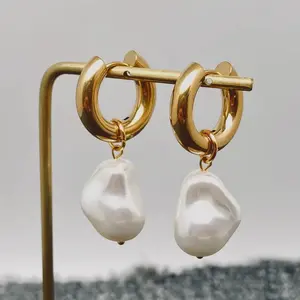 Pearl Charm Huggie Earrings 18k Gold Plated Stainless Steel Waterproof, Tarnish Proof, Hypoallergenic