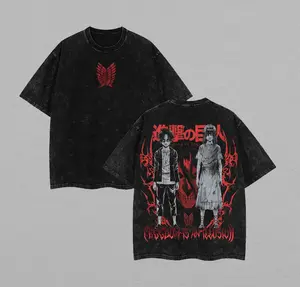 Eren Jaeger x Founding Titan x Attack on Titan Anime Double Printed Vintage Washed Tee Unisex Oversize Heavyweight Cotton T-shirt for Anime Fans and Lovers Menswear Streetwear Oversized