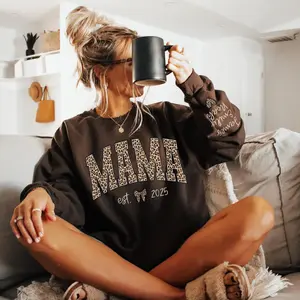 Custom Leopard Mama Sweatshirt With Kid Name On Sleeve, Personalized Mom Sweatshirt, Gift For Mom, Mama Est Year Shirt For Women, Trendy Mama Pullover, Cozy Oversized Mom Sweater, Mothers Day Gift