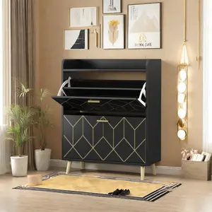 31.6" W Farmhouse Shoe Storage Cabinet with 2 Flip Drawers and Barn Door Design, Adjustable Shelves, Modern Hidden Slim Narrow Shoe Rack Cabinet for Entryway, Foyer, Hallway, Living Room, Black