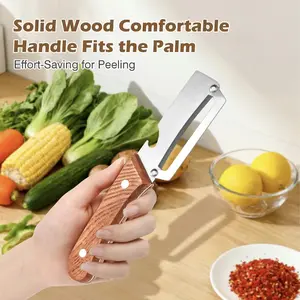 Stainless Steel Blade Kitchen Peeler Utensil - Wooden Handle with Built-in Bottle Opener, Ergonomic Non-Slip Grip, Durable Peeling Tool for Fruits, Veggies
