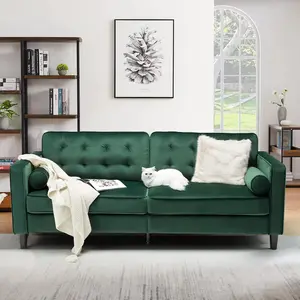 AECOJOY 84.2”Mid-Century Sofa Couch,Tufted Synthetic Suede Fabric Modern Couch with 2 Bolster Pillows for Living Room,Apartment, Office