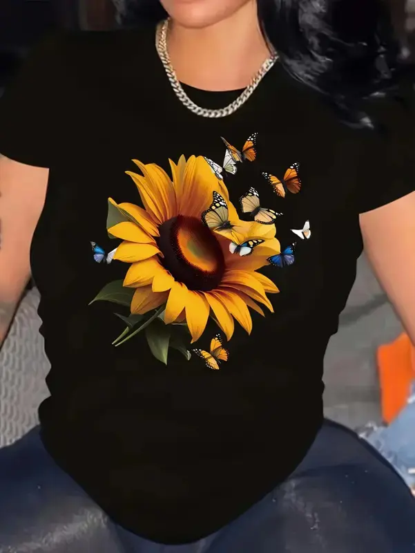 Women's Short-Sleeve Knitted Round Neck T-Shirt - Black Sunflower and Butterflies Print, Breathable Sporty Cotton Casual Wear, Shortsleeve, Soft, Tee, Tshirt, Tops, Breathable Fabric