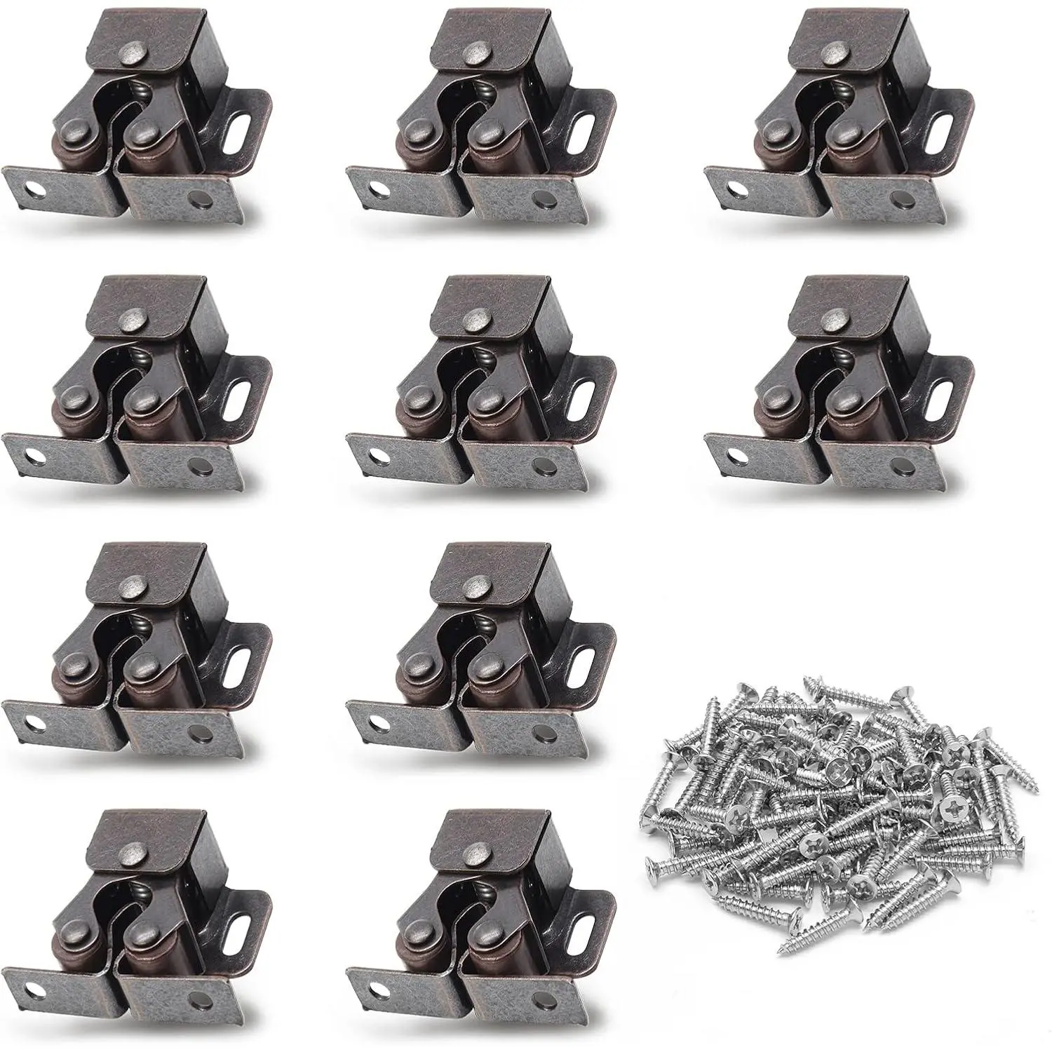 10 Pack Double Roller Catch Cabinet Latches with Spear Strike for Cupboard Closet Door, Antique Bronze