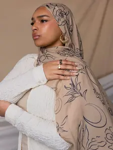 1pc Ramadan Eid Women's Stylish Floral Print Scarf, Turban Hijab, Single-Sided Chiffon Shawl for Muslim Elegance, Comfortable Sun Protective Headscarf