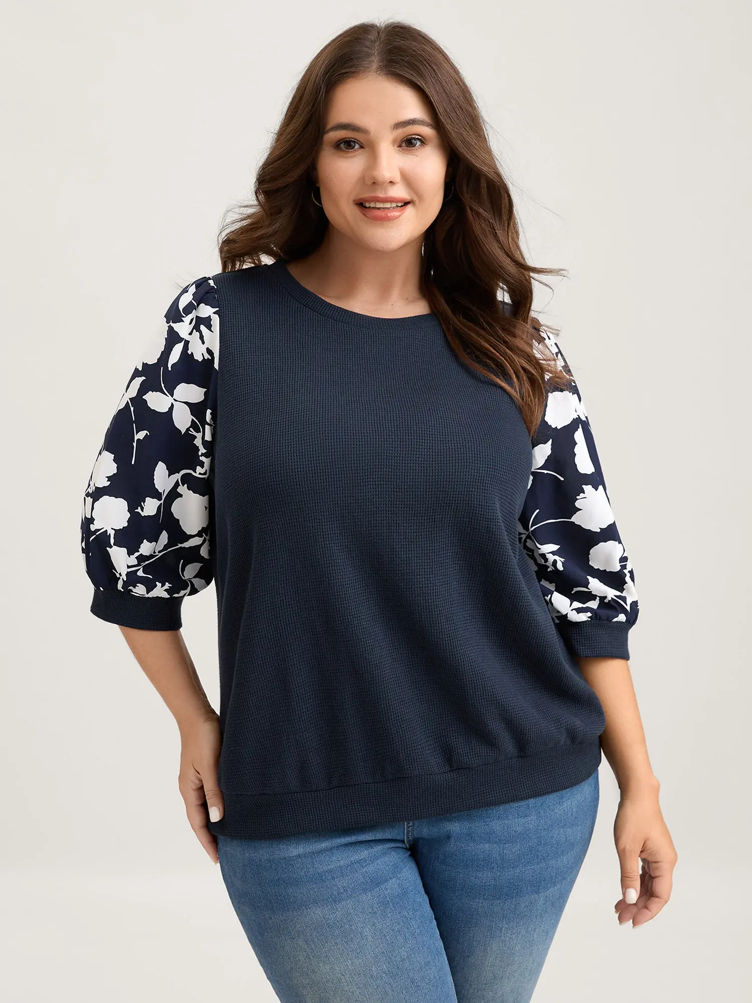 BloomChic Women's Embroidered Sweatshirt Hoodie - Fitted Crew Neck, Arm-Flattering Textured Floral Puffy Elbow-Length Sleeves, Medium-Length Casual Pullover Top for Autumn/Spring (Indigo) |  Casual Knitwear, Fitted Women's Pullovers