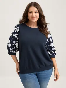 【 Arm Flattering】 Bloomchic Textured Floral Puffy Sleeve Sweatshirt - Fitted Round Neck Casual Pullover Medium Length Autumn/Spring Indigo Color Elbow-Length Sleeves Embroidered