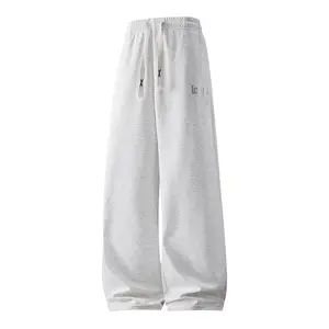 Cloud-Soft Loungewear Mens Heather Grey Baggy Wide Leg Sweatpants Casual Drawstring Elastic Waist Relaxed Fit Trousers with Gothic Letter Print for Home Relaxation and Daily Wear