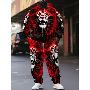 Delicacy Plus Size Men's Fashion 3D Lion Print 2pcs Sportswear Set with Long Sleeve Hoodie & Sport Trousers for Spring and Autumn Outdoor