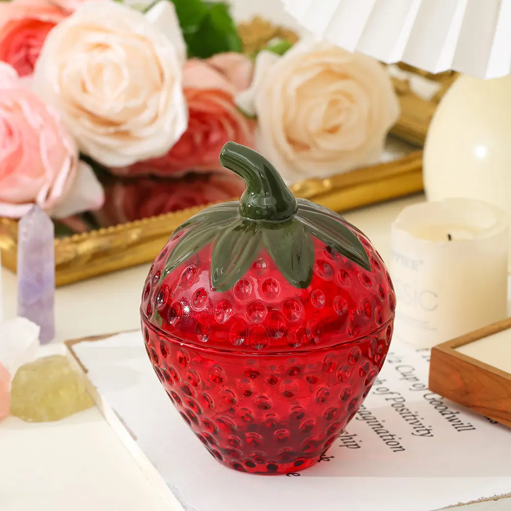 1 piece strawberry-shaped glass storage jar in a retro sweet girl style, with an airtight lid and embossed texture; suitable for storing jewelry, small items, and scented candles; ideal for girls’ bedrooms and vanity tables, perfect as a desktop decorativ
