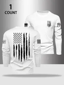 Men's Round Neck Flag Print Long Sleeve Fitted Shirt, Menswear Tops, Casual & Formal Design, All Seasons, Multiple Colors Available, Clothes