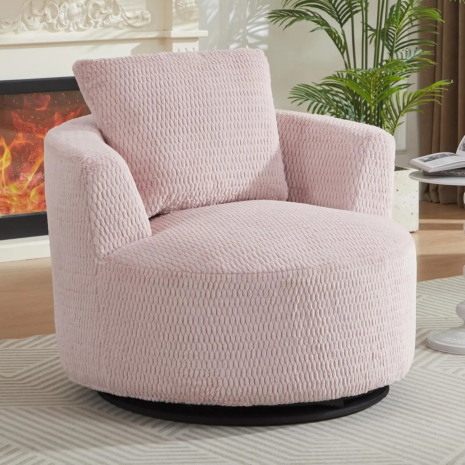 39.4" Wide Swivel Accent Chair, Modern 360° Rotating Barrel Chair with Metal Base, Club Single Sofa Chenille Armchair for Living Room Bedroom Reading Room Office (Pink)