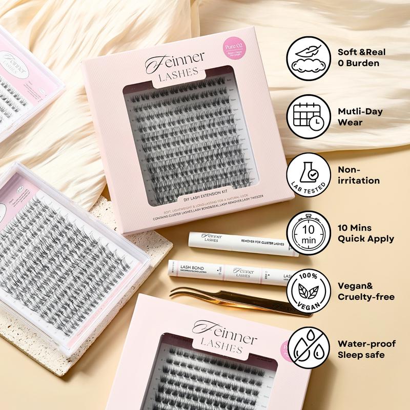 Feinner DIY Lash Cluster Kit Invisible Soft Band Long Lasting Waterproof Bond Seal Remover Natural Eyelashes for Salon Quality at Home Must-Have Cluster Pure Clean Look