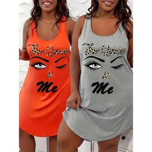 PlusSize2pcsWomensSummerTwo-PackWomen'sVestStyleCasualSleevelessDress,TheQueenIsMePrintedRoundNeckCurvedHemTankSkirt,SummerCoolHomeClothes(Orange&Gray)