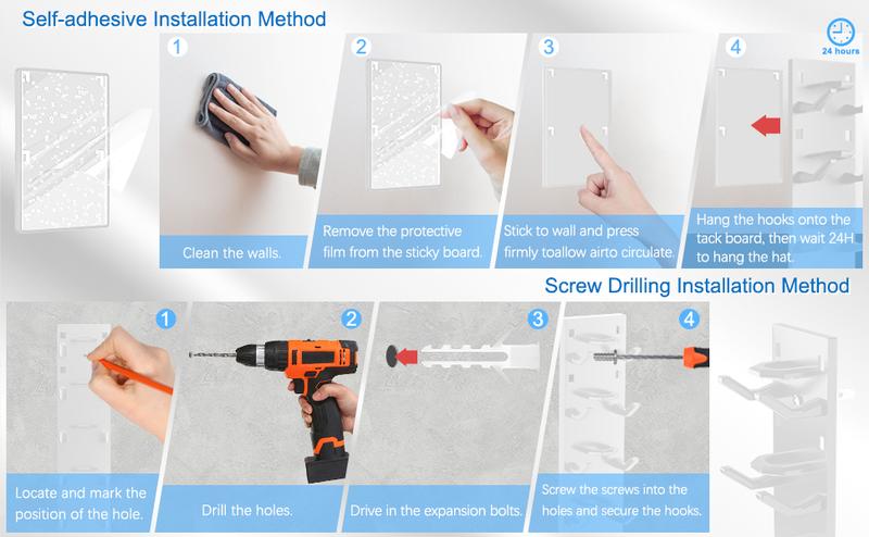 2  Pack Hat Organizer Wall Mounted Adhesive Cap Rack Holds 18 Hats for Closet Door Bedroom Black or White