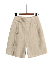 Ladies' linen lightweight casual fit shorts, elastic waistband with side slit design, decorated with Traditional Chinese knot buttons, elegant aesthetic summer shorts, suitable for work or outdoor wear
