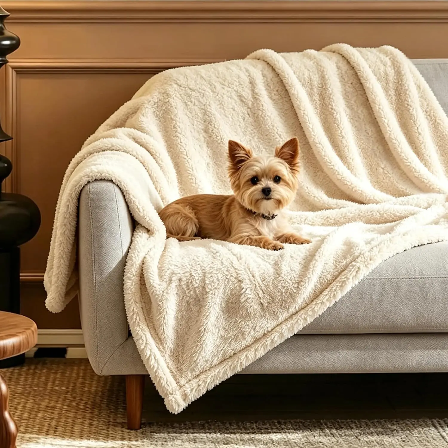 Flannel Dog,Cat & Puppy Blanket Double-Sided Throw Blanket Furniture Protector (Beige, L (57" x40"))