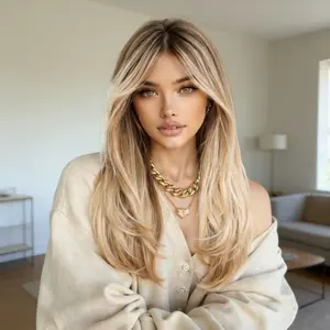 Blonde Layered Wig for Women with Dark Roots Long Synthetic Heat Resistant Two Tones Wig with Bangs 26 Inches