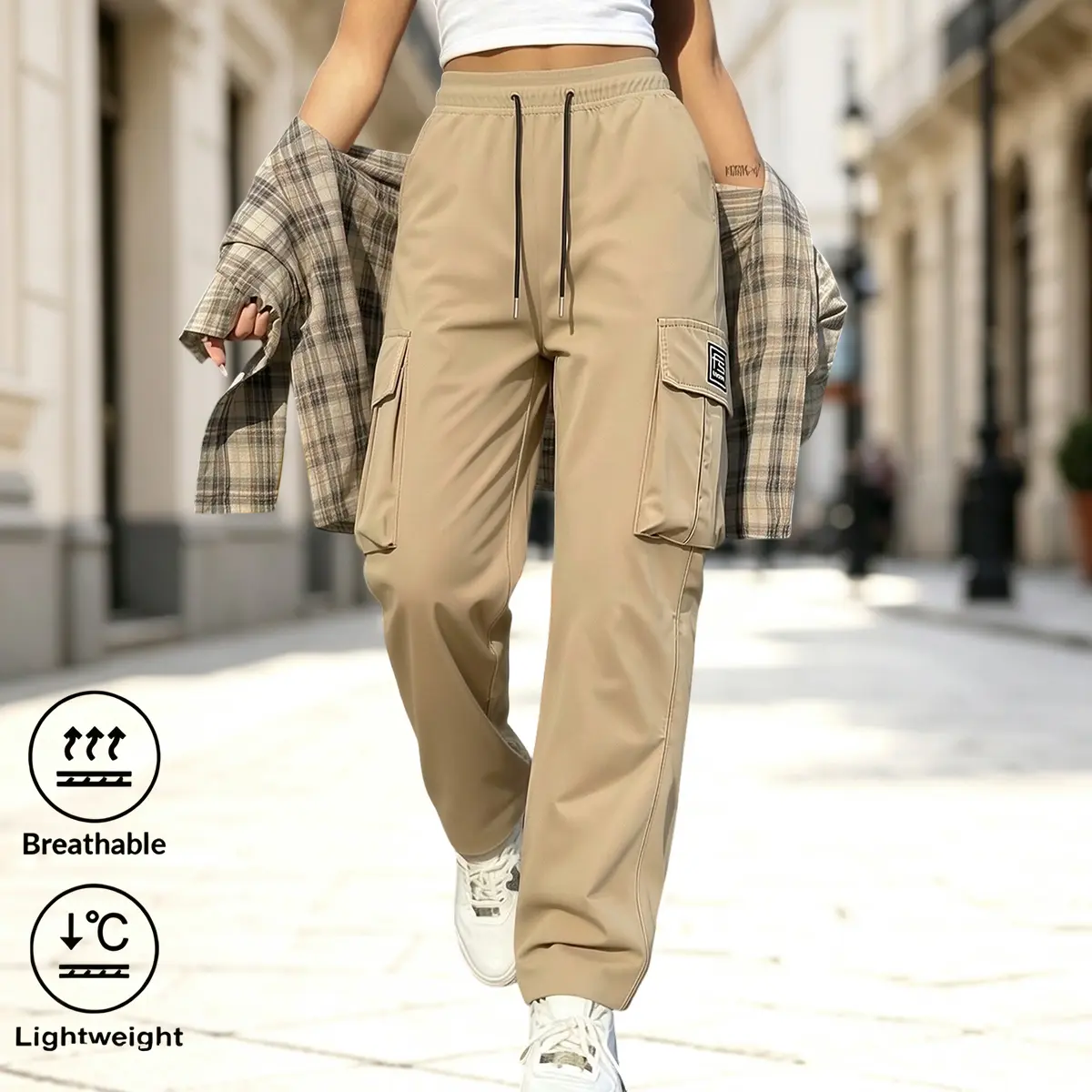 Women's Cargo Pants with Multiple Pockets, Plain Mid Waist Casual Fit, Lightweight with an Adjustable Drawstring for Outdoor Work, Basic, Pants For Women, All Season, Long Pants