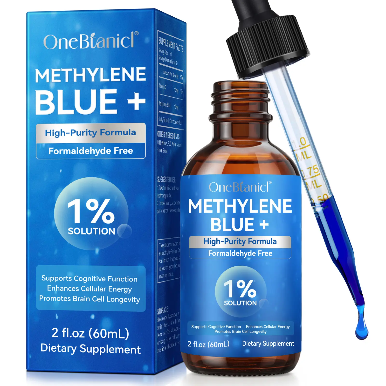 Methylene Blue 1% Solution 2 fl oz High-Purity Glass Bottle Organic with Stevia No Formaldehyde Alcohol Gluten US-Made Healthcare Support for Cognitive Function Antioxidant Properties Brain Health Energy Boost - Vitamin, Bathroom summervibes