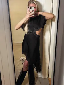 Sexy Women's Asymmetric Lace Satin Dress Elegant Midi Black Brown Dresses O-Neck Cape Sleeve Cut-Out Vestidos Female Prom Party Evening Dress Formal Wear