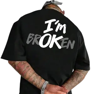 I'm OK Hidden Message Graphic T-Shirt, Two-Tone Brushstroke Text Print Tee, Oversized Crew Neck Shirt, Emo Casual Short Sleeve Top, Trendy Emotional Aesthetic Cotton Tee for Emo Fans, Streetwear Lovers and Mental Health Awareness Enthusiasts