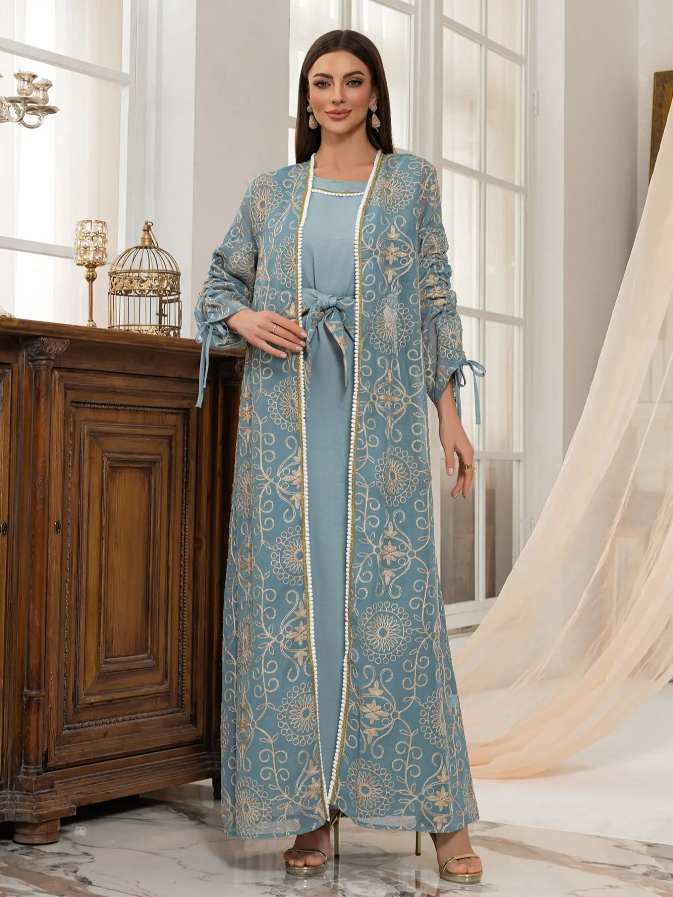 Women's Floral Embroidery Long Sleeve Outerwear & Belted Tank Dress, Formal  Dresses Women, Elegant Arabic Clothing for Formal Party Holiday Wedding  Guest, Ladies Islamic Clothing for All Seasons - TikTok Shop
