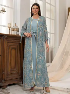 Women's Floral Embroidery Long Sleeve Outerwear & Belted Tank Dress, Formal Dresses Women, Elegant Arabic Clothing for Formal Party Holiday Wedding Guest, Ladies Islamic Clothing for All Seasons