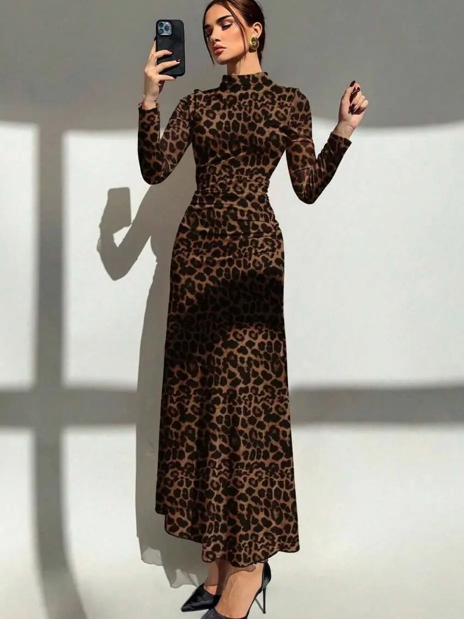 Red Gradient Floral Print Mesh Dress, Long Sleeve Fitted Bodycon Party Dress, Autumn Winter Holiday Outfit