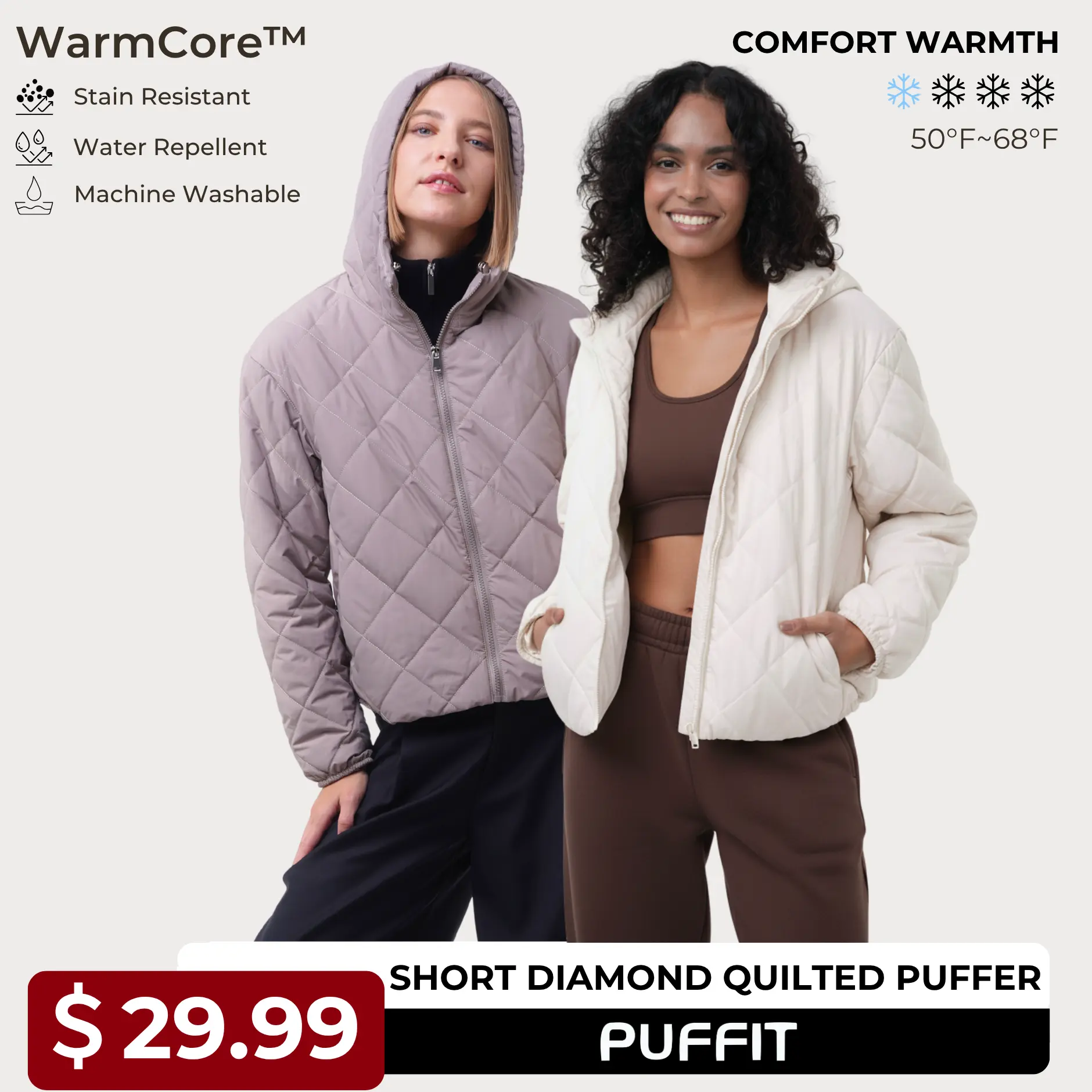 PUFFIT WarmCore Premium Hooded Lightweight Quilted Jacket,Lady 4D Multi ...