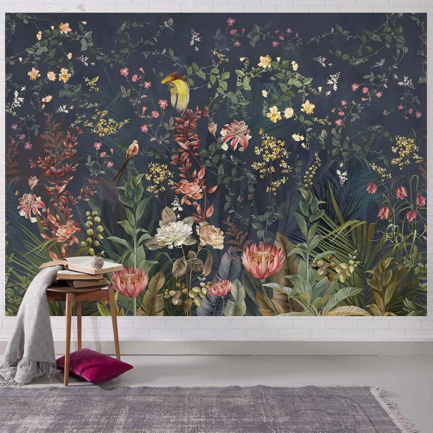 Jungle Garden Flowers & Birds Tapestry - Dark Natural Plant Floral Tropical Botanical 60''x40'' Art, Indoor Room Decor Wall Hanging for Bedroom, Living Room RGTGJTY72