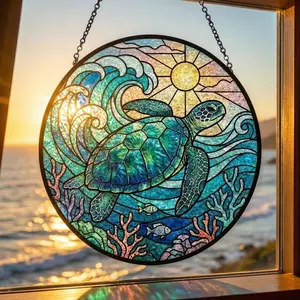 Sea Turtle Stained Glass Suncatcher, Ocean Wave Window Hanging, Coastal Beach Decor, Mother’s Day Gift for Mom