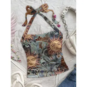 Women's Vacation Spaghetti Straps Sun Pattern Knitted Woven Slim Vest, Suitable for Summer