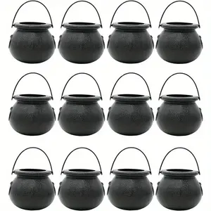 12 Pieces Mini Black Witch Cauldrons - Perfect for Halloween Parties and Trick-or-Treat Treats - Plastic Material