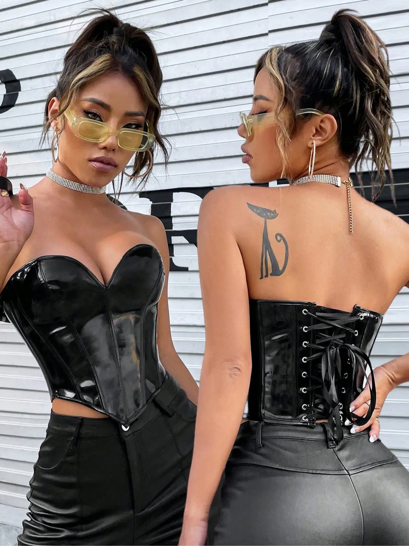 Apperloth A Solid Lace Up PU Leather Glossy Corset Top Garment Edgy Sexy Music Festival Womenswear Apperloth A Solid Lace Up PU Leather Glossy Corset Top Garment Edgy Sexy Music Festival Womenswear