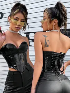 Apperloth A Solid Lace Up PU Leather Glossy Corset Top Edgy Sexy Music Festival