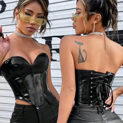 Apperloth A Solid Lace Up PU Leather Glossy Corset Top Bustier Garment Edgy Sexy Music Festival Womenswear