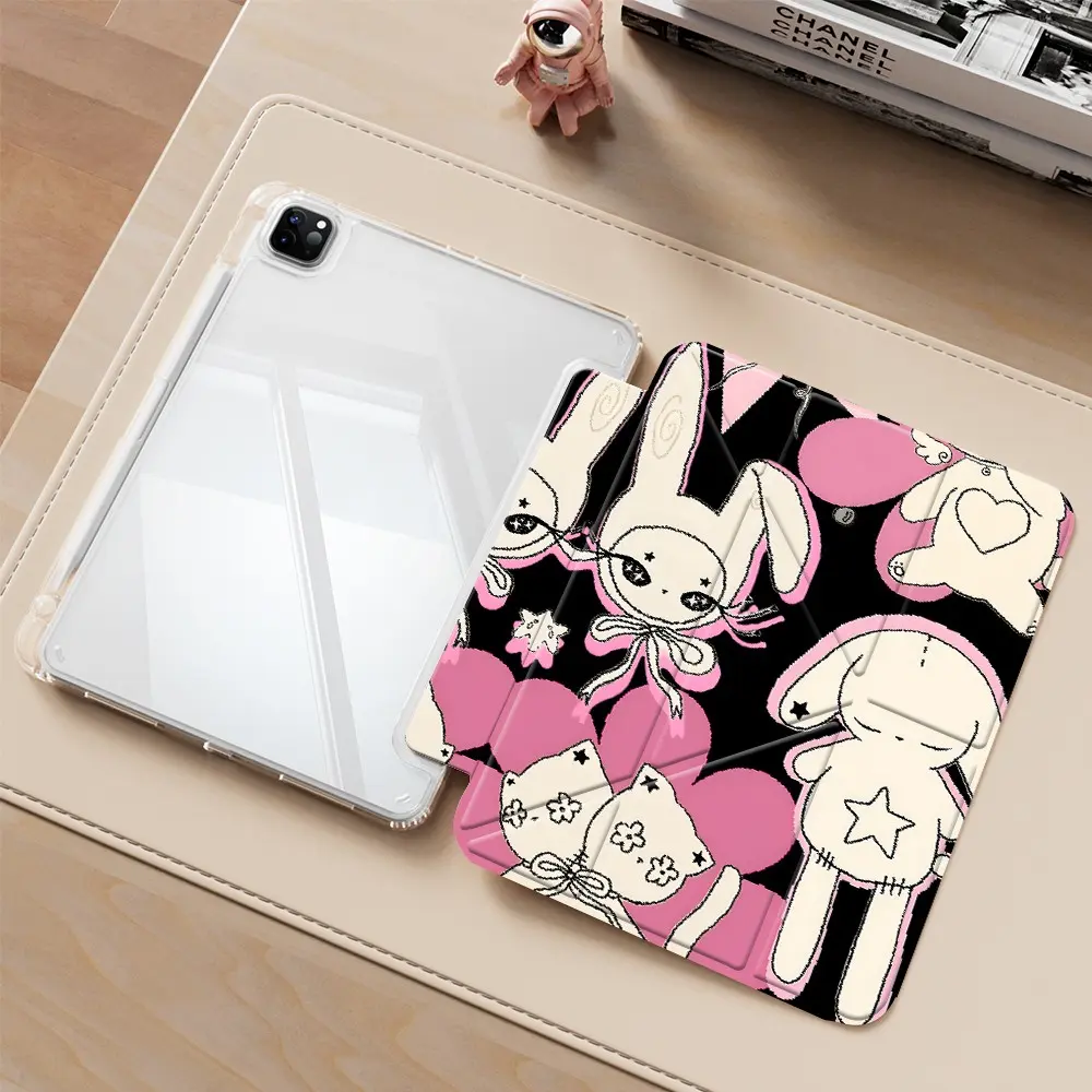 Black & Pink Bunny Star Pattern iPad protective case, Tablet cover, casing, accessories, iPad Covers, transparent acrylic Y folding stand suitable for all models of iPad including 7.9/10.2/11/12.9 inch, featuring all-round protection, great gift