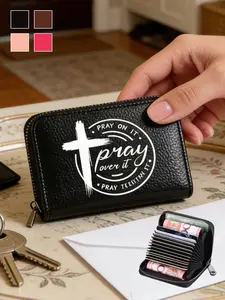 Faith Theme Cross Print Multi-Card Slot Card Bag, PU Leather Zipper Closure, Portable Document Storage, Church Worship, Daily Commute