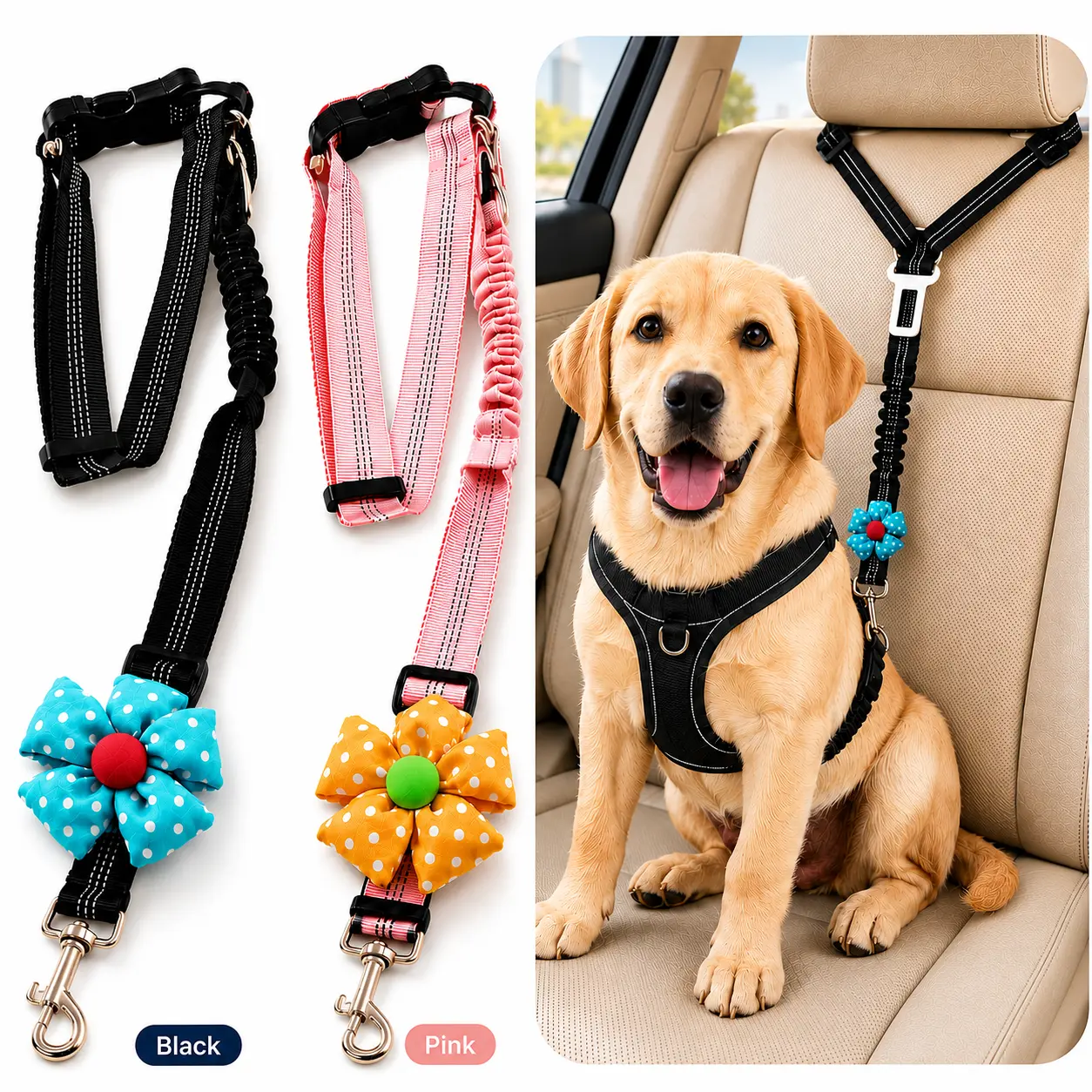 2Pack Dog Car Seat Belt Harness Straps with Secure Buckle - 3-in-1 Cute Flower Decor Reflective Bungee Pet Headrest Safety Tether with Adjustable Strap, Black & Pink Options security safe