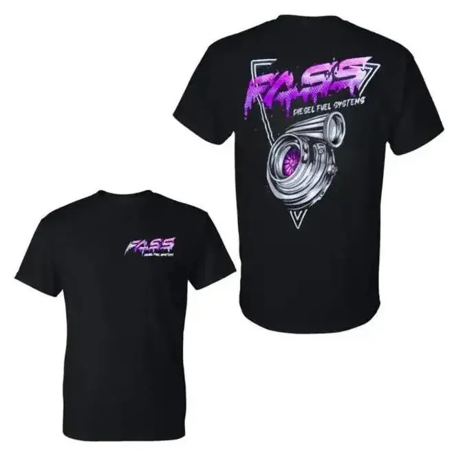 Men's Short-Sleeve 180g 100% Cotton FASS Diesel Fuel Systems T-Shirt, Neon Purple Turbocharger & Graffiti Logo, Retro 2-Side Graphic, Round Neck Menswear Top, Casual Streetwear Base Layer