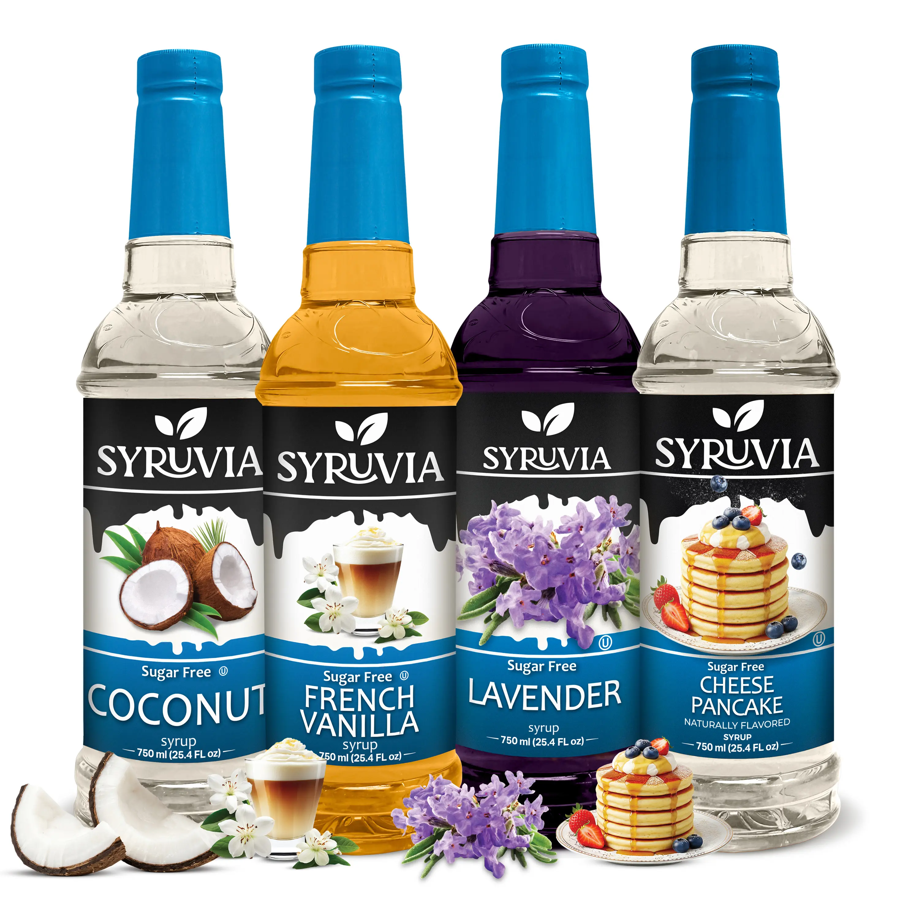 Syruvia Sugar Free Coffee Syrup Variety Pack - Coconut, French Vanilla, Lavender & Cheese Pancake - Gluten-Free, Kosher, 25.4 fl oz - Smooth Cafe Flavors for Coffee & Lattes (4-Pack)