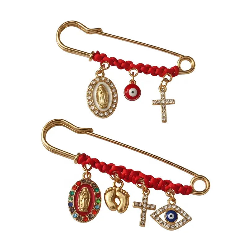 Mal de Ojo Evil Eye Protection Pin - Red String Safety Pin Brooch with Virgin Mary & Cross Charms, Lapel Pin Jewelry for Women Men