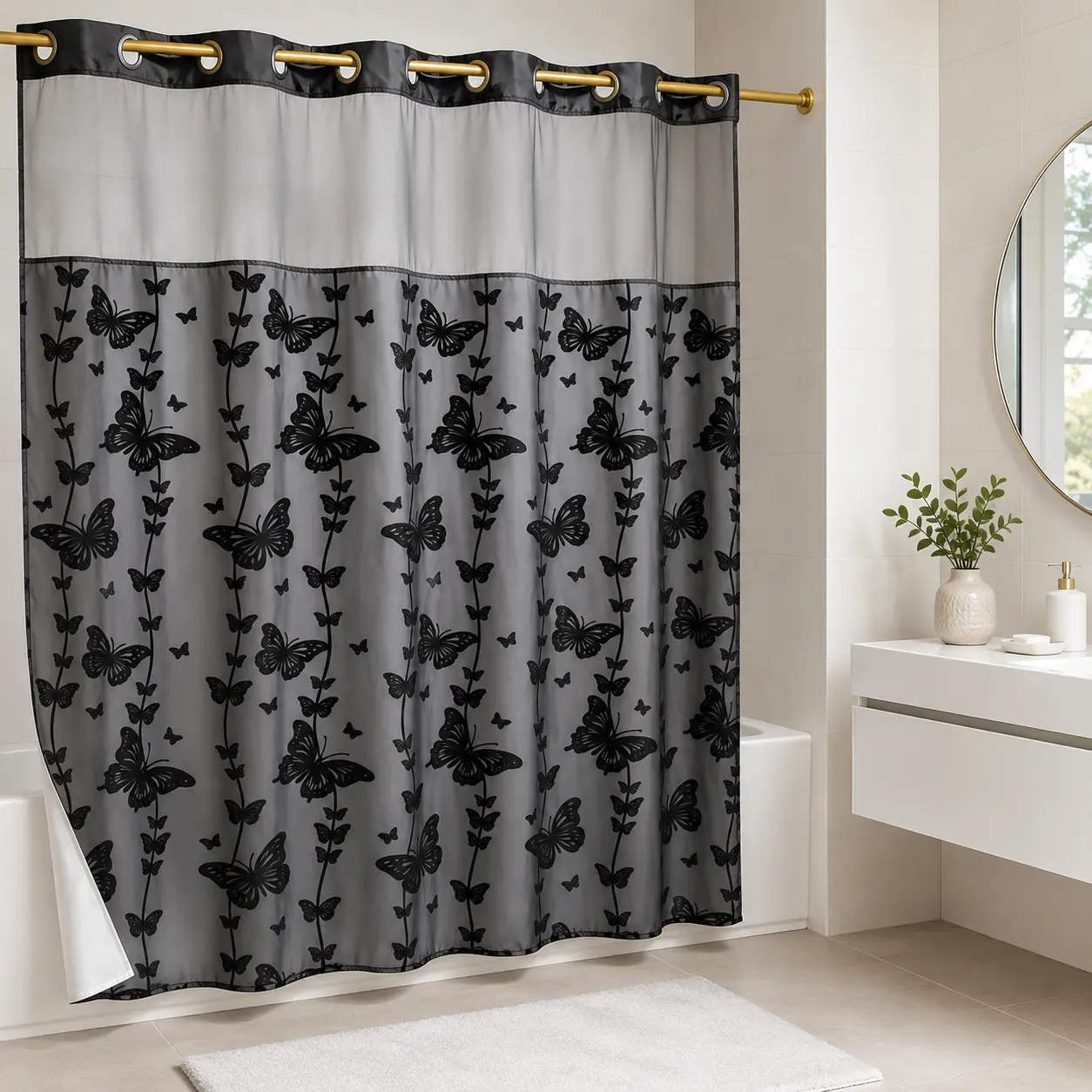 Black Butterfly Hookless Shower Curtain with White Mesh Window, Water-Resistant & Machine Washable Fabric Curtain, Easy Install Bathroom Decor, 72 x 75 Inch