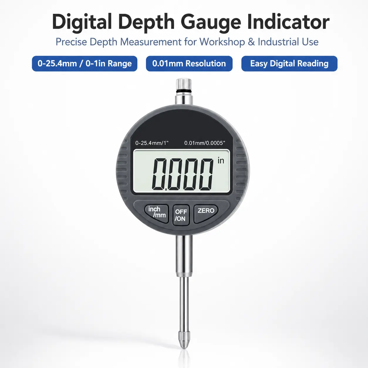 Digital Depth Gauge Indicator 0-1 Inch / 0-25.4mm, 0.01mm High Precision LCD Depth Measuring Tool with Inch/mm Conversion, Zero Setting, Replaceable Probe Tip for Machining, Mold, Auto Repair & DIY