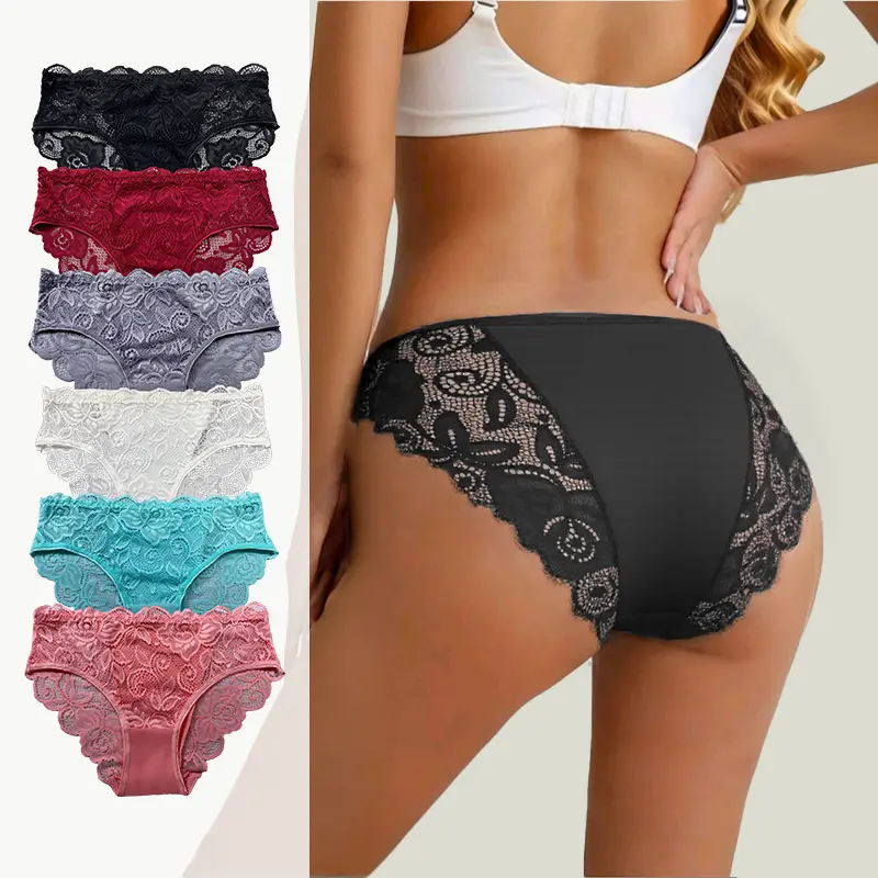 Women Floral Lace Bikini Panties, Soft Low Rise Briefs, Sexy Stretch Lace Underwear, Multi-Color Everyday Panties for Women