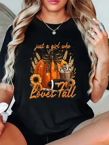 100% Cotton T shirts Retro Just a Girl Who Loves Fall Pumpkin Spice Leaves Autumn T-Shirt Breathable & Comfort Fit Tee Women,Short Sleeve Crew Neck Top for All Seasons,Graphic Tees Women Tops