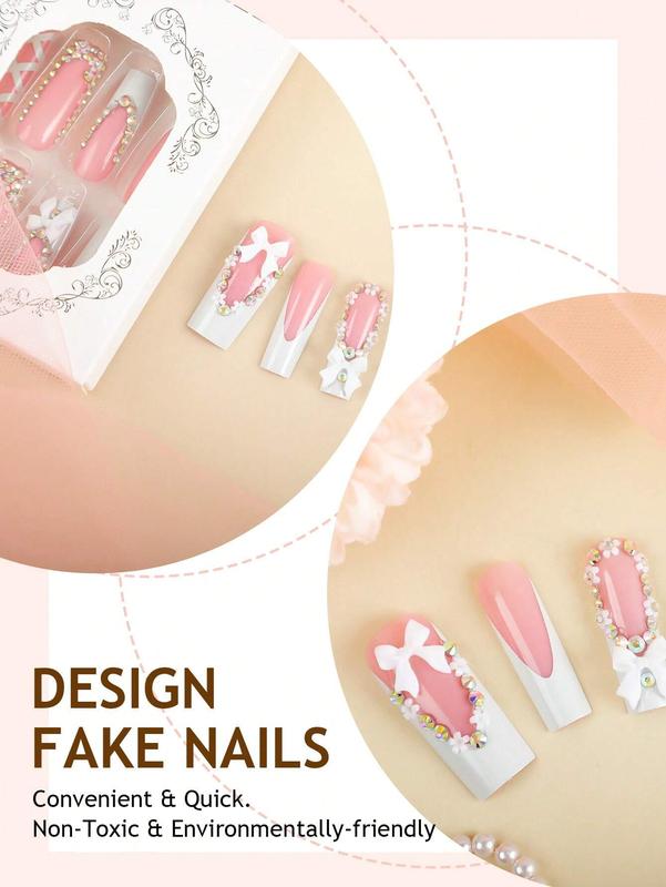 24-Piece Y2K Glossy Press-On Nails with White French Tips, 3D Bows & Dazzling Rhinestones - Long Square Shape
