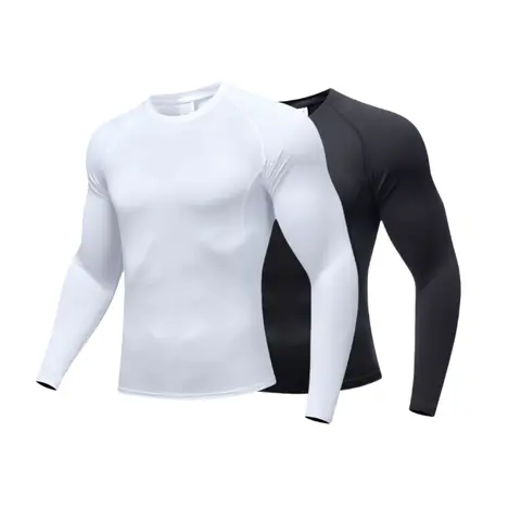 Men's Compression Workout Shirt - Long Sleeve, Slim-Fitted Design Activewear Top, Colorblock Polyester Spandex, Elastic Dry Fit Stretch, for Gym & Run