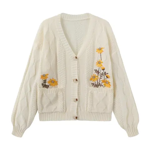 【Black Friday】Women's Boho Floral Embroidery Button Front Cardigan, Casual Long Sleeve Pocket Knitwear for Fall, Fashion Women's Knit Clothing for Daily Wear